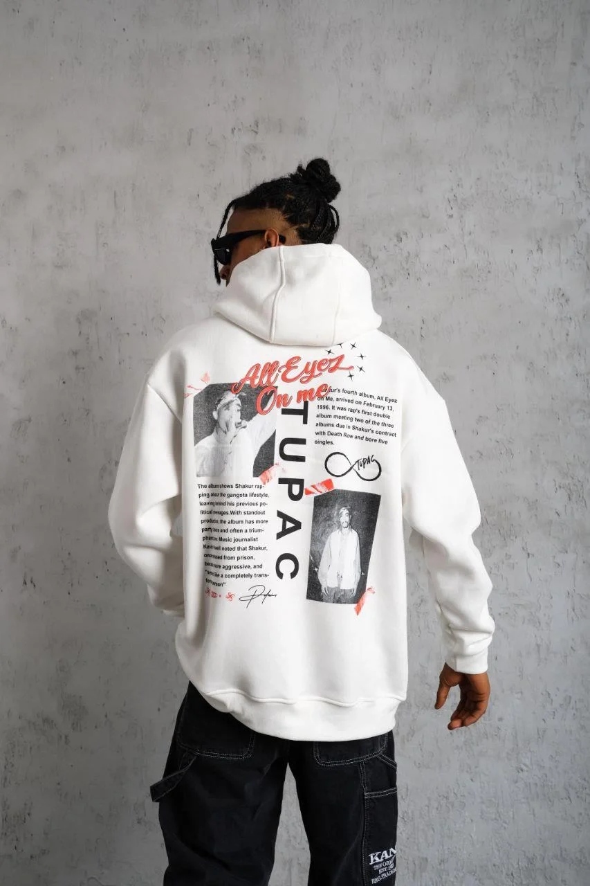 Erkek Ön Arka Baskılı Kapşonlu Sweat - Beyaz - Görsel 4