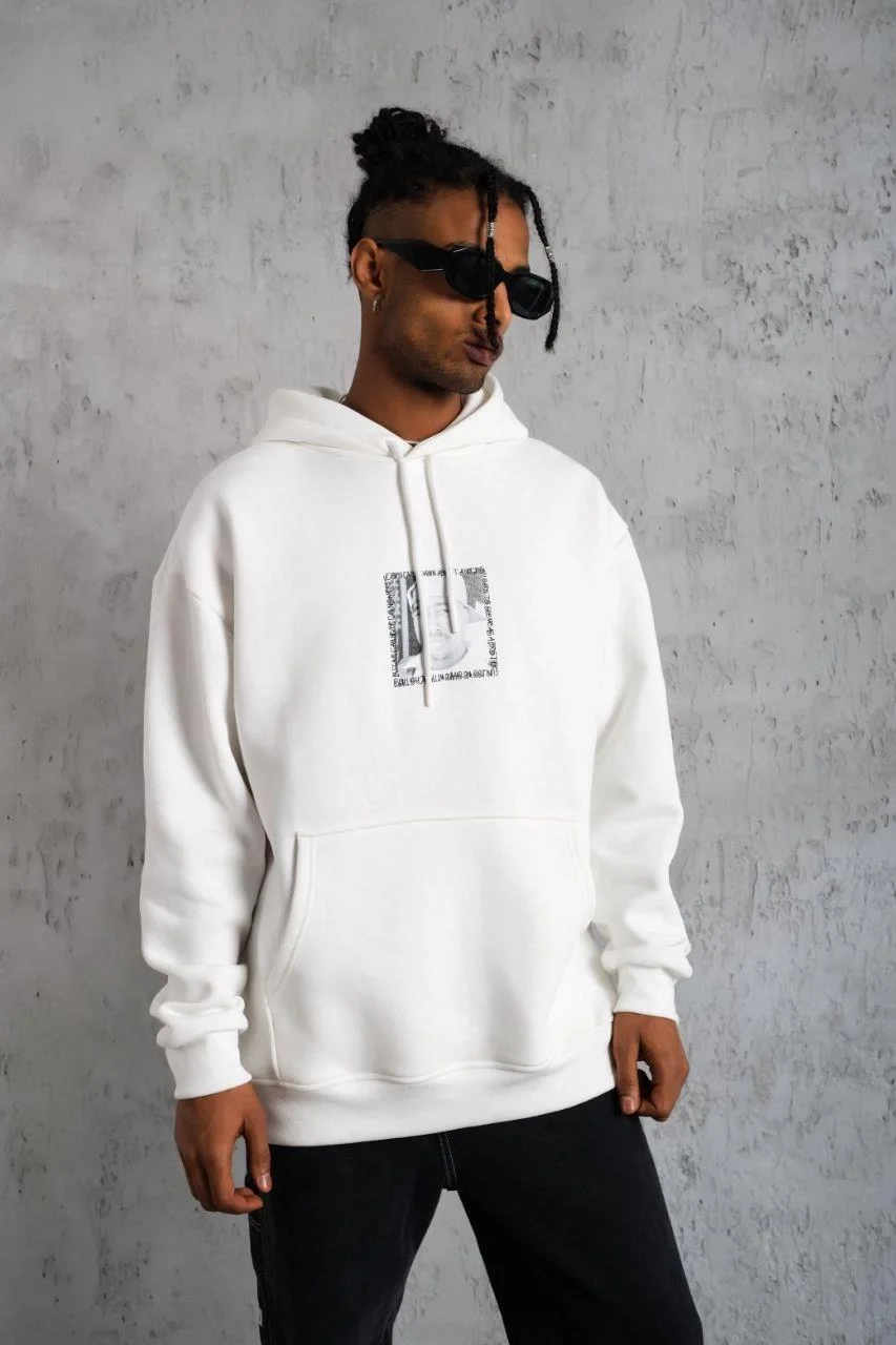 Erkek Ön Arka Baskılı Kapşonlu Sweat - Beyaz - Görsel 5