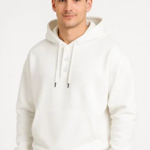 Alternative view of Erkek Ovarsize Kapüşonlu Swetshirt Kanguru Çepli Cıtcıtlı 3 iplik Şardonlu Hoodie - Beyaz