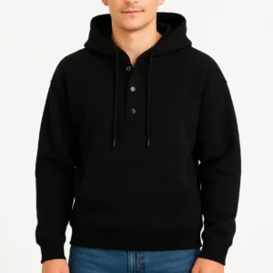 Alternative view of Erkek Ovarsize Kapüşonlu Swetshirt Kanguru Çepli Cıtcıtlı 3 iplik Şardonlu Hoodie - Siyah