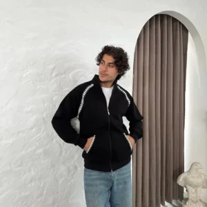 Alternative view of Erkek Oversize Dik Yaka Fermuarlı Sweatshirt - Zincir Nakışli Kanguru Cepli - Siyah