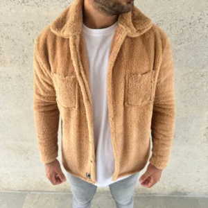 Alternative view of Erkek Pelüş Polar Hırka Gömlek – Yakalı, İlik Düğmeli, Göğüs Cepli, Yumuşak Dokulu Kışlık Regular Fit Rahat Günlük Model - Açık Kahve