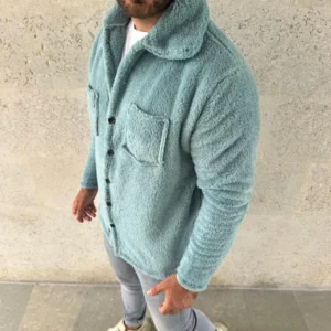Alternative view of Erkek Pelüş Polar Hırka Gömlek – Yakalı, İlik Düğmeli, Göğüs Cepli, Yumuşak Dokulu Kışlık Regular Fit Rahat Günlük Model - Bebe Mavisi