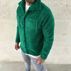 Alternative view of Erkek Pelüş Polar Hırka Gömlek – Yakalı, İlik Düğmeli, Göğüs Cepli, Yumuşak Dokulu Kışlık Regular Fit Rahat Günlük Model - Çimen Yeşili