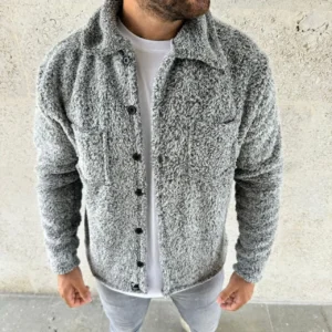 Alternative view of Erkek Pelüş Polar Hırka Gömlek – Yakalı, İlik Düğmeli, Göğüs Cepli, Yumuşak Dokulu Kışlık Regular Fit Rahat Günlük Model - Gri