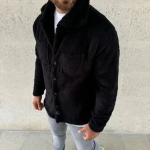 Alternative view of Erkek Pelüş Polar Hırka Gömlek – Yakalı, İlik Düğmeli, Göğüs Cepli, Yumuşak Dokulu Kışlık Regular Fit Rahat Günlük Model - Siyah