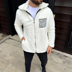 Alternative view of Erkek Polar Fermuarlı Sweatshirt – Kapüşonsuz, Cepli, Yumuşak Dokulu, Oversize Rahat Kalıp, Kışlık Sıcak Tutan Fermuarlı Üst - Beyaz