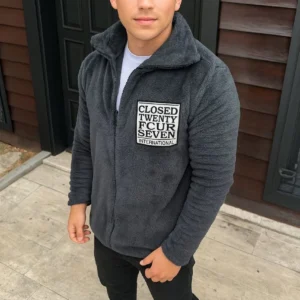 Erkek Polar Fermuarlı Sweatshirt – Kapüşonsuz, Cepli, Yumuşak Dokulu, Oversize Rahat Kalıp, Kışlık Sıcak Tutan Fermuarlı Üst - Füme