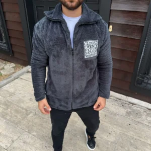 Alternative view of Erkek Polar Fermuarlı Sweatshirt – Kapüşonsuz, Cepli, Yumuşak Dokulu, Oversize Rahat Kalıp, Kışlık Sıcak Tutan Fermuarlı Üst - Füme