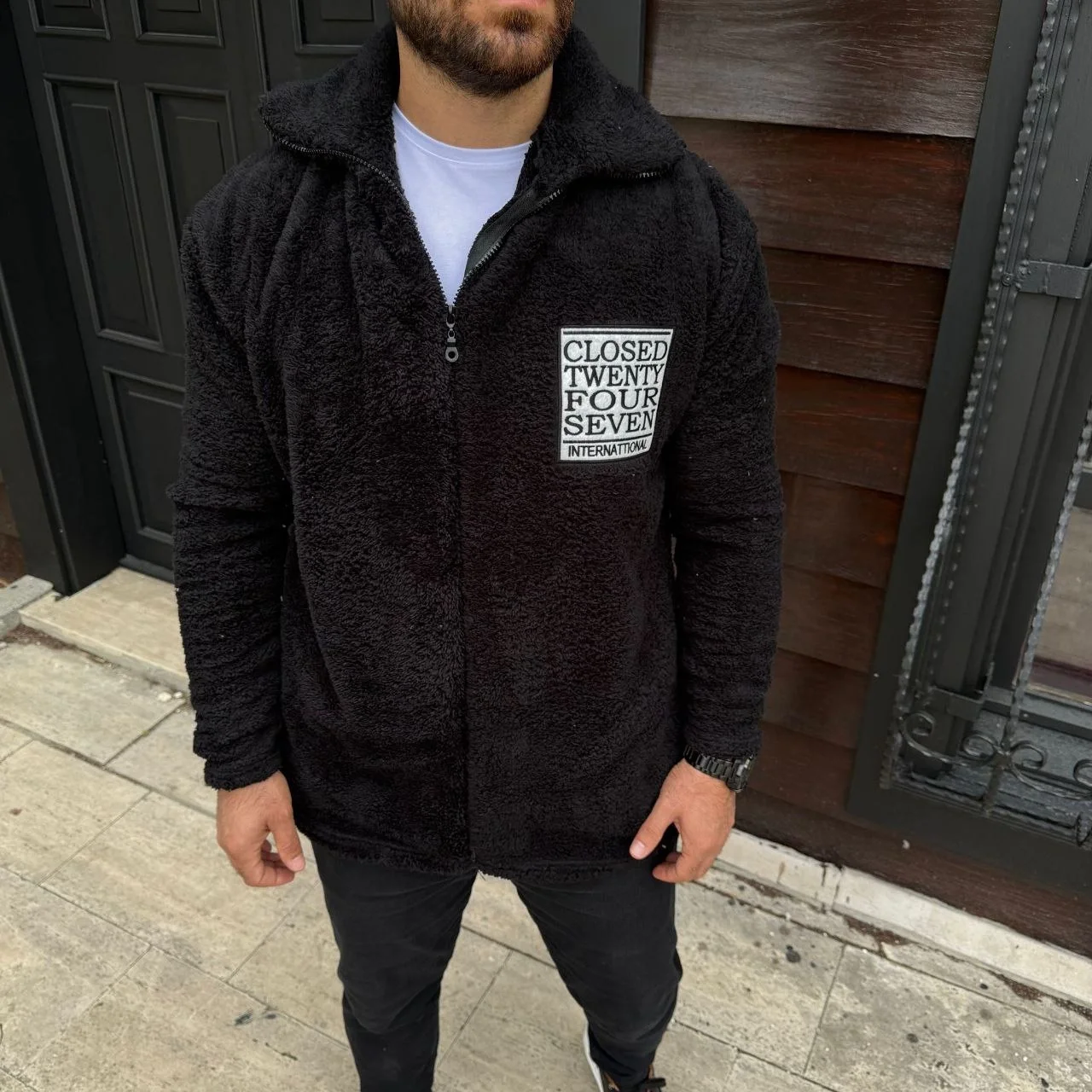 Erkek Polar Fermuarlı Sweatshirt – Kapüşonsuz, Cepli, Yumuşak Dokulu, Oversize Rahat Kalıp, Kışlık Sıcak Tutan Fermuarlı Üst - Siyah - Görsel 3