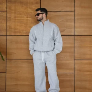 Erkek Premium Parçalı Eşofman Takım - Dik Yaka Fermuarlı Biyeli Sweatshirt Lastik Paça Alt, Oversize 3 iplik Şardonlu - Gri
