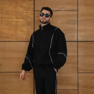 Erkek Premium Parçalı Eşofman Takım - Dik Yaka Fermuarlı Biyeli Sweatshirt Lastik Paça Alt, Oversize 3 iplik Şardonlu - Siyah