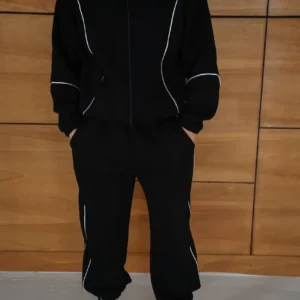 Alternative view of Erkek Premium Parçalı Eşofman Takım - Dik Yaka Fermuarlı Biyeli Sweatshirt Lastik Paça Alt, Oversize 3 iplik Şardonlu - Siyah