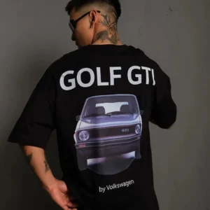 Erkek Oversize Baskılı Tişört – Golf GTI Retro Araba Desenli, Ön & Arka Dijital Baskı, Sokak Modası Stil - Siyah