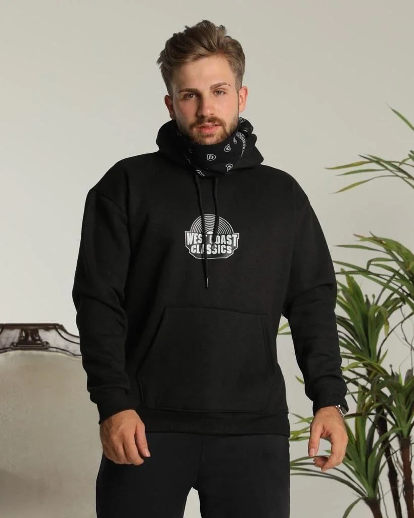 Erkek Sırt Baskılı Kapüşonlu Üç İplik Oversize Sweatshirt - Siyah - Görsel 5