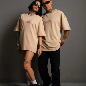 Alternative view of Erkek Oversize Tişört – Beyaz 24/1 Penye Kumaş, Bisiklet Yaka, Ön & Arka Baskılı, Streetwear Tarzı Rahat Büyük Kalıp T-Shirt - Bej