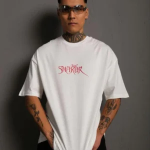 Alternative view of Erkek Oversize Tişört – Beyaz 24/1 Penye Kumaş, Bisiklet Yaka, Ön & Arka Baskılı, Streetwear Tarzı Rahat Büyük Kalıp T-Shirt- Beyaz