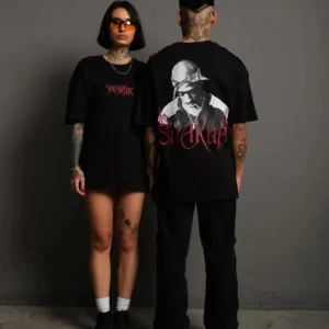 Erkek Oversize Tişört – Beyaz 24/1 Penye Kumaş, Bisiklet Yaka, Ön & Arka Baskılı, Streetwear Tarzı Rahat Büyük Kalıp T-Shirt - Siyah