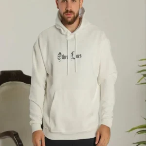 Alternative view of Erkek Kapşonlu Sweatshirt – Oversize Üç İplik Şardonlu Hoodie, “Other Lives” Ön & Arka Baskılı, Kanguru Cepli, Kışlık Rahat Günlük Stil - Beyaz