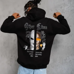 Erkek Kapşonlu Sweatshirt – Oversize Üç İplik Şardonlu Hoodie, “Other Lives” Ön & Arka Baskılı, Kanguru Cepli, Kışlık Rahat Günlük Stil - Siyah