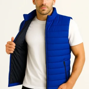 Erkek Şişme Fermuarlı Yelek Su itici Kapitone Astarlı Kumaş Cepli Hafif Kışlık Spor Rahat Kalıp - Saks Mavisi