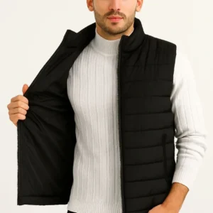 Erkek Şişme Fermuarlı Yelek Su itici Kapitone Astarlı Kumaş Cepli Hafif Kışlık Spor Rahat Kalıp - Siyah