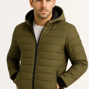 Alternative view of Erkek Şişme Kapüşonlu Fermuarlı Mont Su itici Kapitone Astarlı Kumaş Cepli Kışlık Rahat Kalıp - Haki