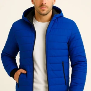 Erkek Şişme Kapüşonlu Fermuarlı Mont Su itici Kapitone Astarlı Kumaş Cepli Kışlık Rahat Kalıp - Saks Mavisi