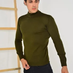 Erkek Tam Balıkçı Yaka Düz Renk Kazak - Yeşil