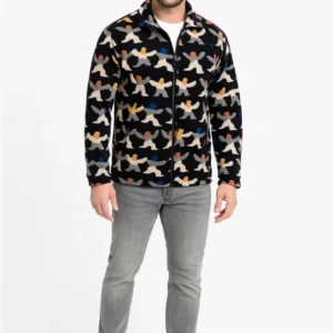 Erkek Tam Fermuarlı Desenli Polar Sweat – Siyah Multicolor Figür Desen Yakalı, Uzun Kollu, Oversize Rahat Kalıp- Siyah