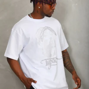 Alternative view of Unisex Oversize Taşlı Bisiklet Yaka T-Shirt - Beyaz