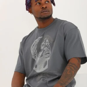 Alternative view of Unisex Oversize Taşlı Bisiklet Yaka T-Shirt - Füme