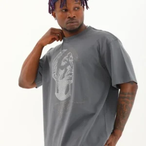 Unisex Oversize Taşlı Bisiklet Yaka T-Shirt - Füme