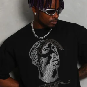 Unisex Oversize Taşlı Bisiklet Yaka T-Shirt - Siyah