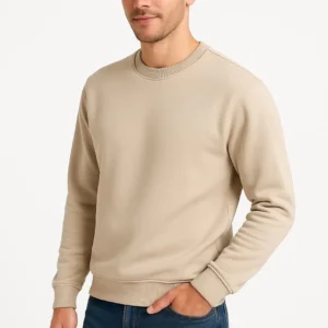 Erkek Üç İplik Düz Bisiklet Yaka SweatShirt - Bej