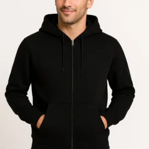 Alternative view of Erkek Üç İplik Kapüşonlu Tam Fermuarlı Kanguru Çepli SweatShirt Hoodie - Siyah