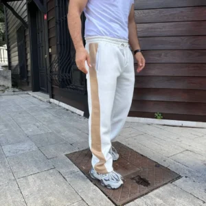 Alternative view of Erkek Üç İplik Kışlık Pamuklu Yandan Garneli Kalın Bej Şeritli Cepli Eşofman Altı - Beyaz