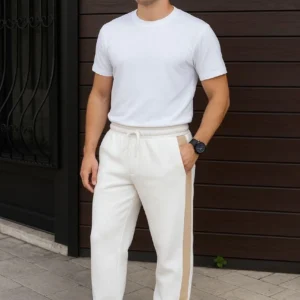 Erkek Üç İplik Kışlık Pamuklu Yandan Garneli Kalın Bej Şeritli Cepli Eşofman Altı - Beyaz