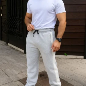 Erkek Üç İplik Kışlık Pamuklu Yandan Garneli Kalın Bej Şeritli Cepli Eşofman Altı - Gri