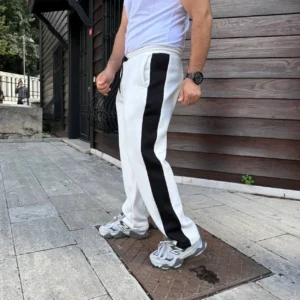 Alternative view of Erkek Üç İplik Kışlık Pamuklu Yandan Garneli Kalın Şeritli Cepli Eşofman Altı - Beyaz