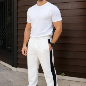 Erkek Üç İplik Kışlık Pamuklu Yandan Garneli Kalın Şeritli Cepli Eşofman Altı - Beyaz