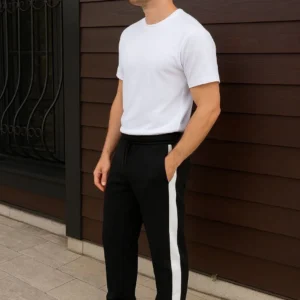 Erkek Üç İplik Kışlık Pamuklu Yandan Garneli Kalın Şeritli Cepli Eşofman Altı - Siyah