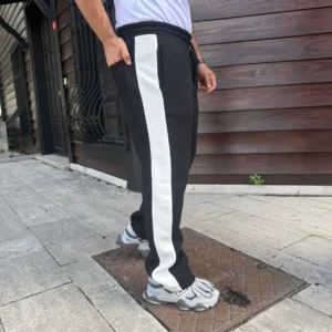 Alternative view of Erkek Üç İplik Kışlık Pamuklu Yandan Garneli Kalın Şeritli Cepli Eşofman Altı - Siyah