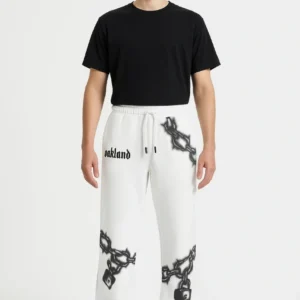 Erkek Üç İplik Pamuklu Baskılı Cepli Jogger Buggy Pantalon Oversize Kalıp - Beyaz