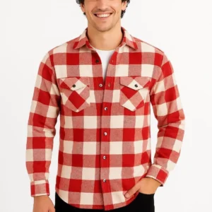 Erkek Oduncu Gömlek – Uzun Kollu, Şardonlu Kumaş, Kareli Desen, Regular Fit, Manşetli, Çift Cepli, Rahat Günlük Bahar & Kış Stil - Kırmızı