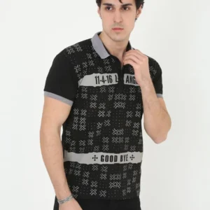Erkek Yakalı Slim Fit Baskılı T-Shirt - Siyah