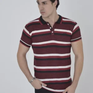 Alternative view of Erkek Yakalı Slim Fit Dokuma Çizgili T-Shirt - Bordo