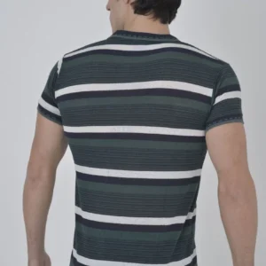 Alternative view of Erkek Yakalı Slim Fit Dokuma Çizgili T-Shirt - Haki