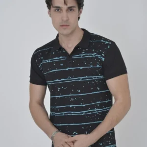 Erkek Yakalı Slim Fit Pike Çizgili T-Shirt - Siyah