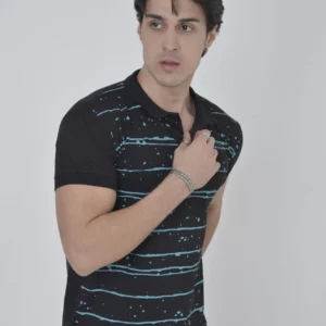 Alternative view of Erkek Yakalı Slim Fit Pike Çizgili T-Shirt - Siyah